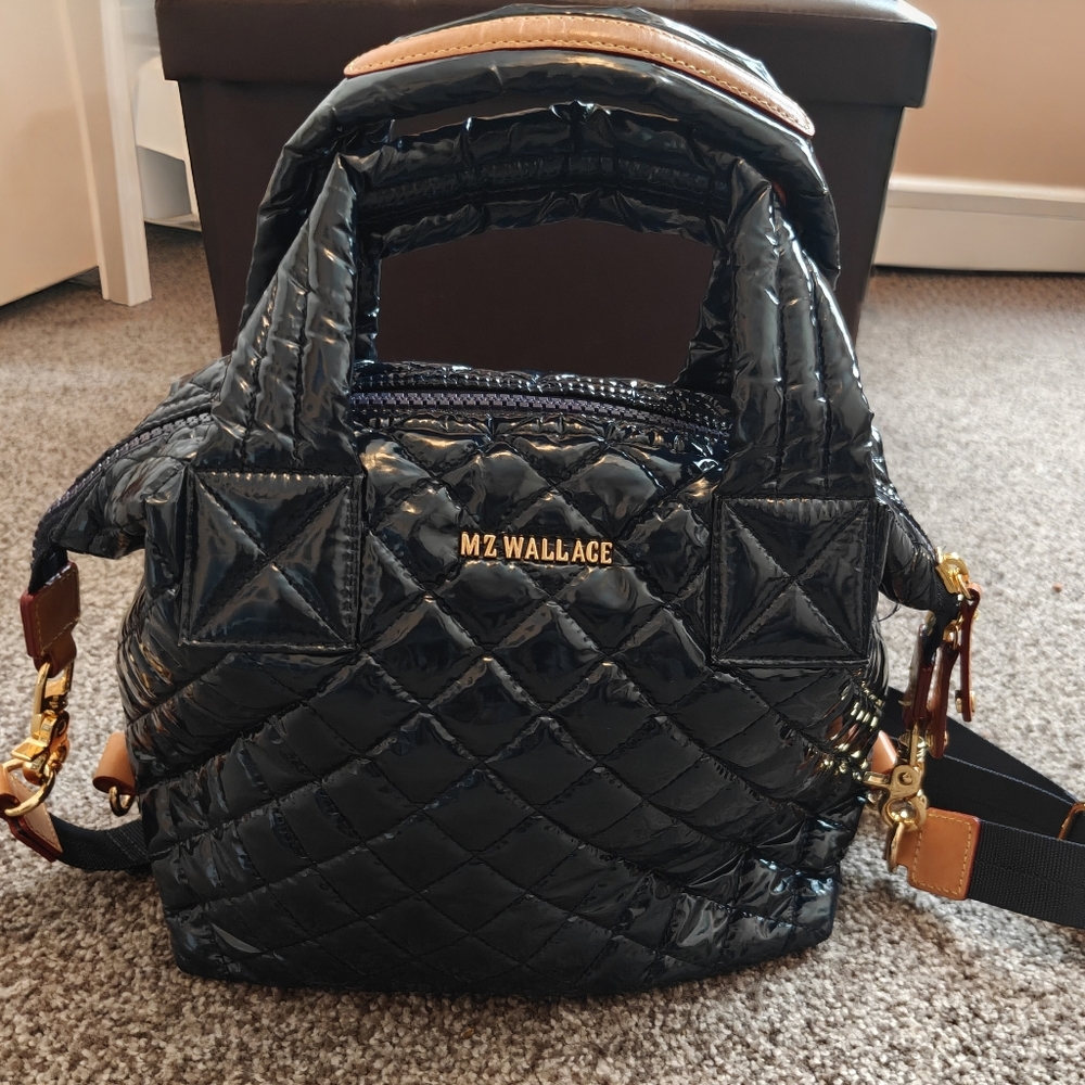 MZ Wallace Small Sutton Deluxe tote bag in navy quilted lacquer